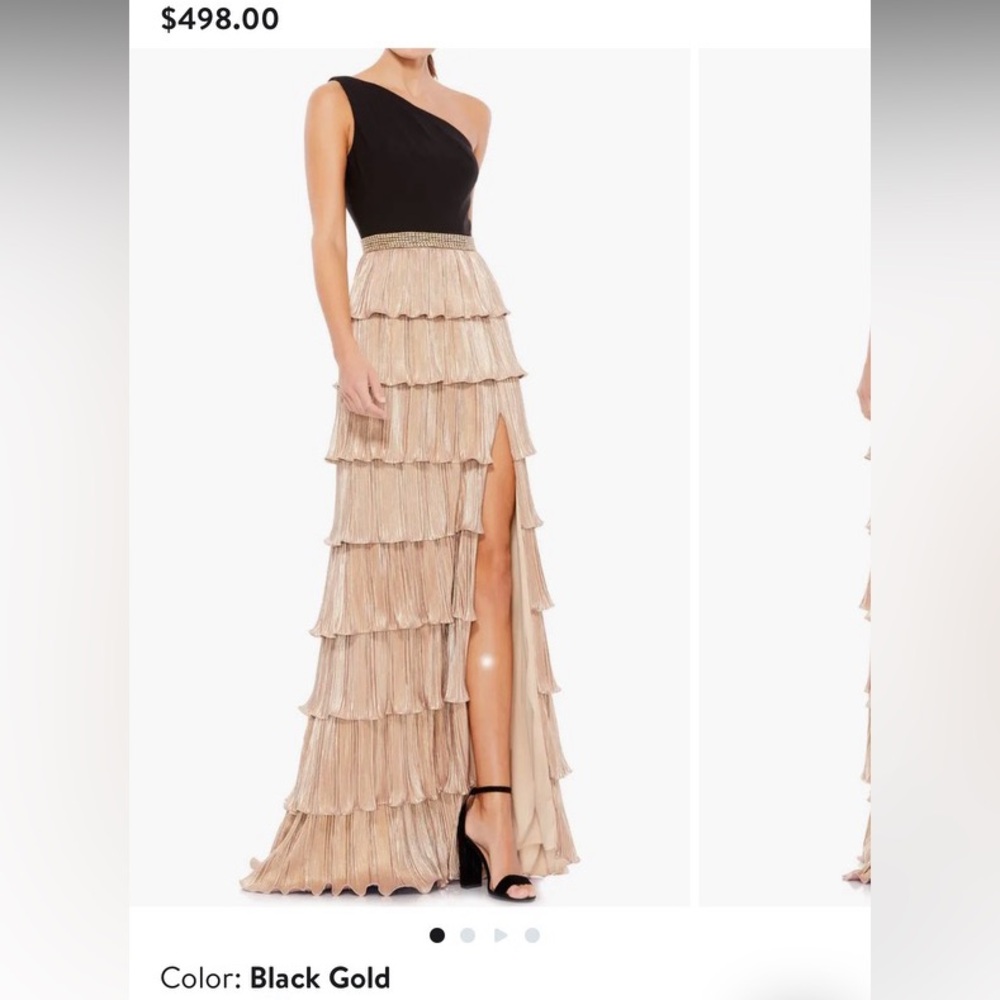 Mac Duggal Black and Gold One-Shoulder Ruffle Tiered A-Line Gown